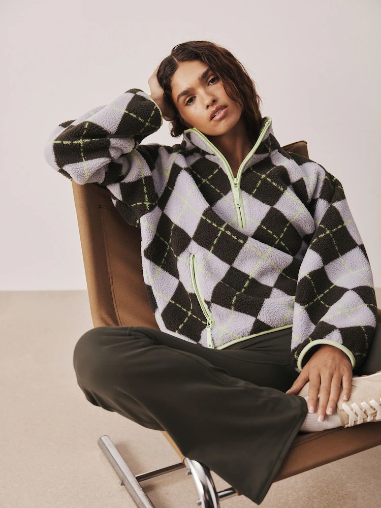 Lilac/Lime Argyle Print Active Borg Zip Neck Fleece | Next US