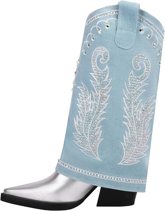 LOIRIT Women's Chunky Heels Boots Fold Over Pointed Toe Mid-Calf Boots Denim Cowboy Embroidered s... | Amazon (US)