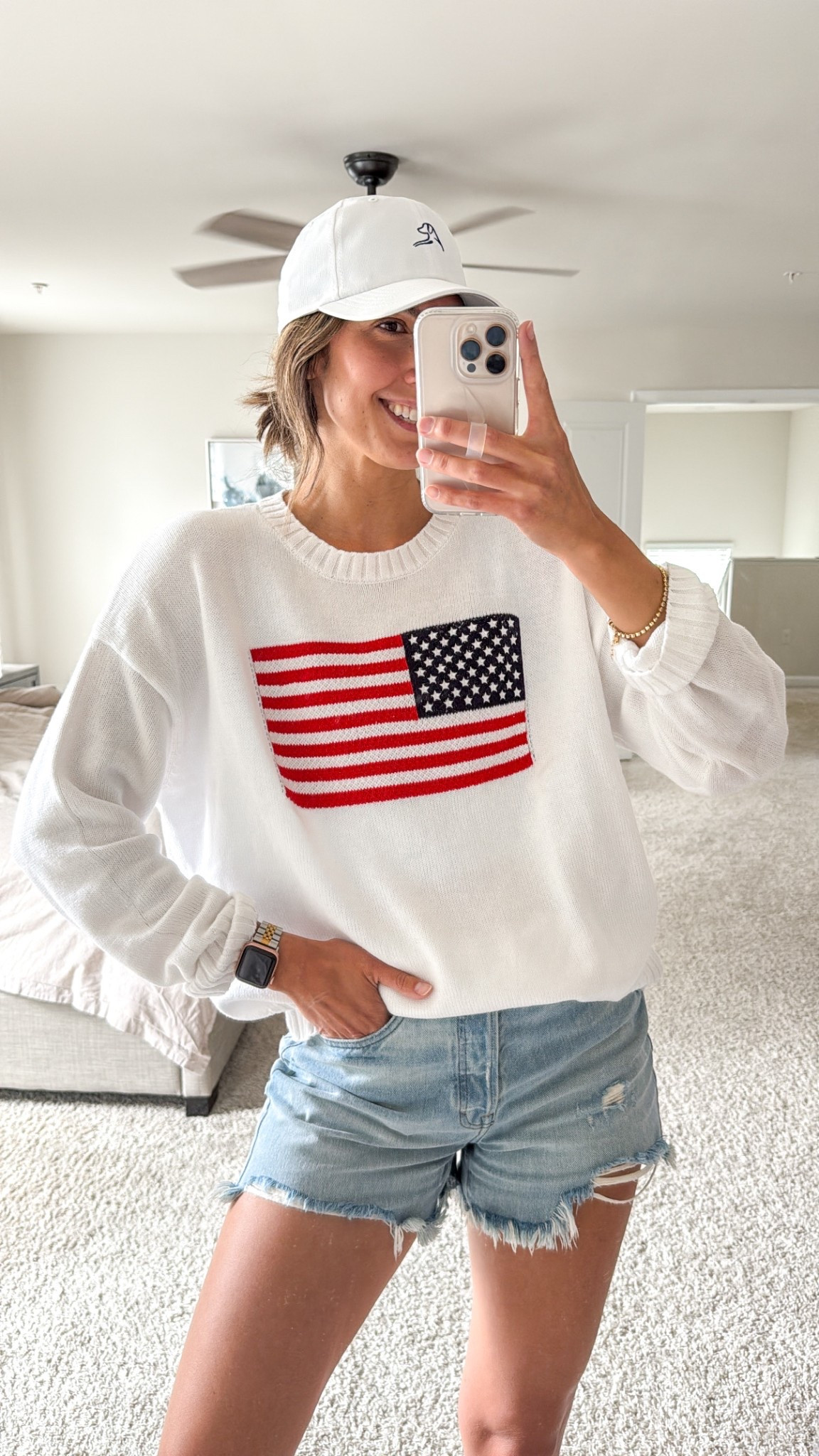 Friday fit 🇺🇸 Loving this sweater! It’s also perfect for draping over shoulders!  + the best cut off jean shorts - flattering & good length! 

Size Medium in sweater (could have done a small) Size 4 in shorts (sized down from my normal size 6) 

#LTKSeasonal #LTKSaleAlert #LTKFindsUnder50