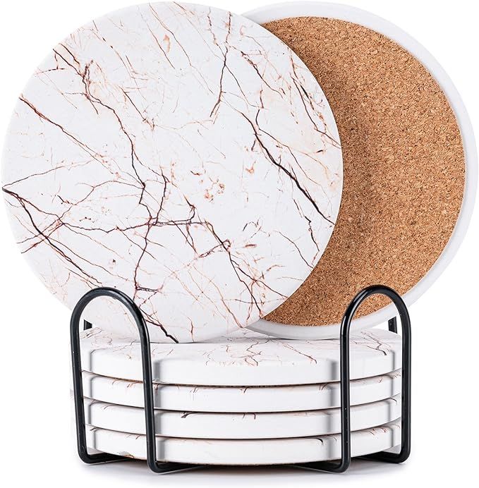 Hoewina 6Pcs Drink Coasters with Holder, Marble Style Ceramic Drink Coaster, Absorbent Coasters S... | Amazon (US)