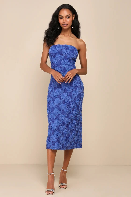 Flawless Perfection Blue Floral Applique Strapless Midi Dress | Lulus