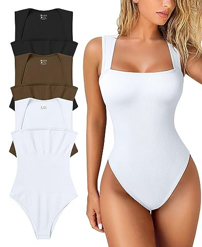 OQQ Women's 3 Piece Bodysuits Sexy Ribbed Strappy Square Neck Sleeveless Tummy Control Tank Tops Bodysuits Black Coffee White | Amazon (US)