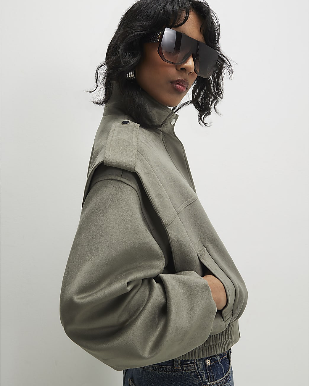 Khaki Faux Suede Shoulder Detail Jacket | River Island UK & IE