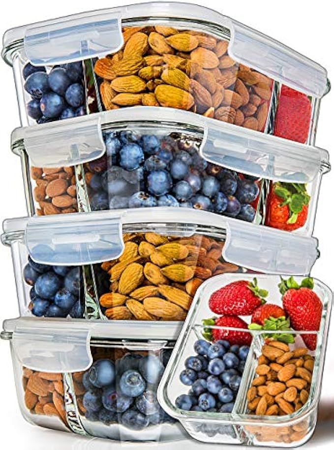 [5-Pack] Glass Meal Prep Containers 3 Compartment - Bento Box Containers Glass Food Storage Containe | Amazon (US)