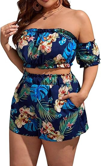 Verdusa Women's Plus Size 2 Piece Outfit Floral Print Strapless Crop Blouse and Short Sets | Amazon (US)