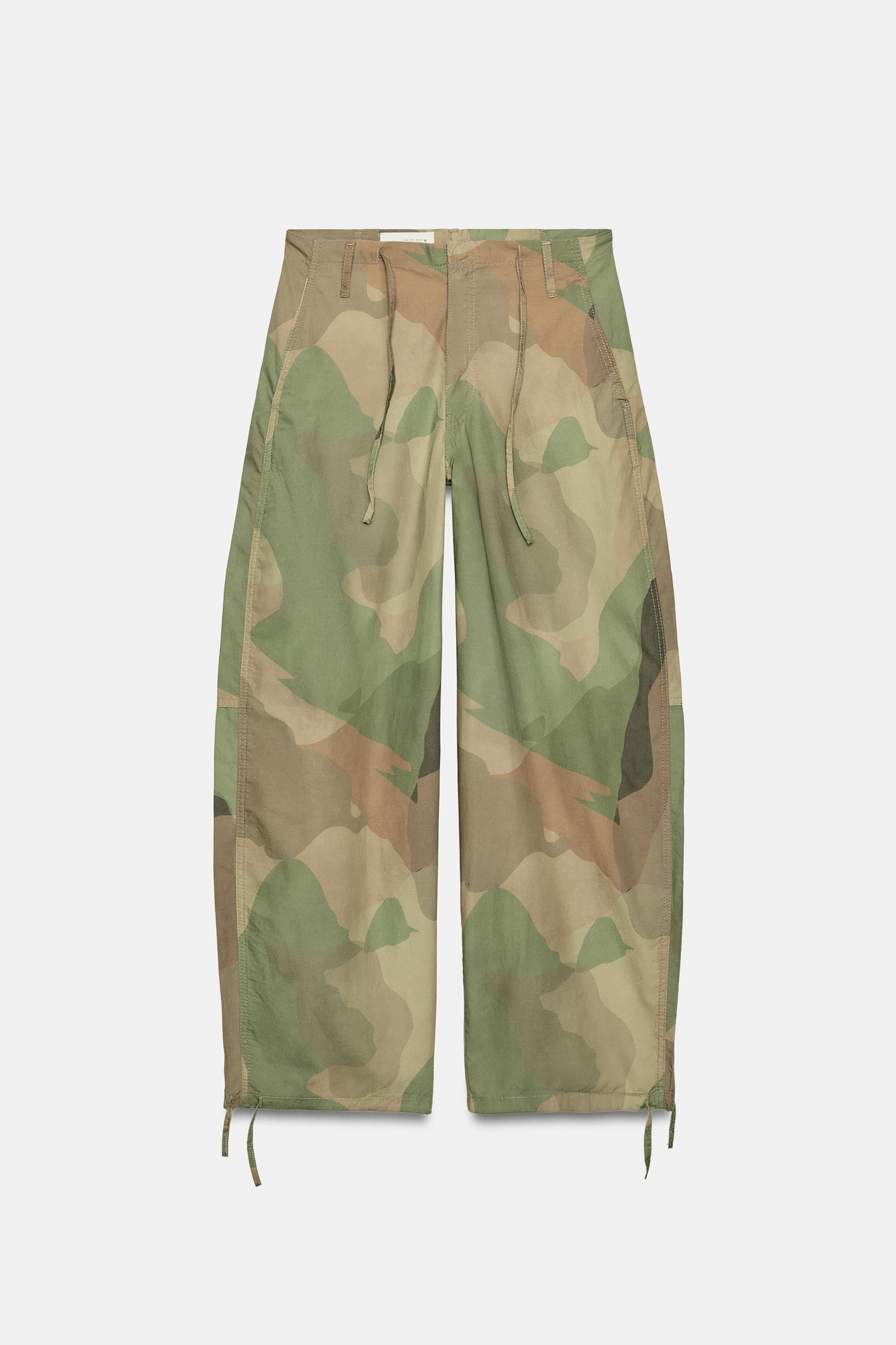 Zara - Printed Wide-Leg Trousers With Drawstrings - Khaki - 14 - Woman | Zara UK
