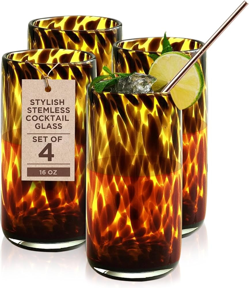 IMPULSE! Tortoise Leopard Print Brown 16 oz. Highball Rocks Glasses, Set of 4 - Stylish Stemless ... | Amazon (US)