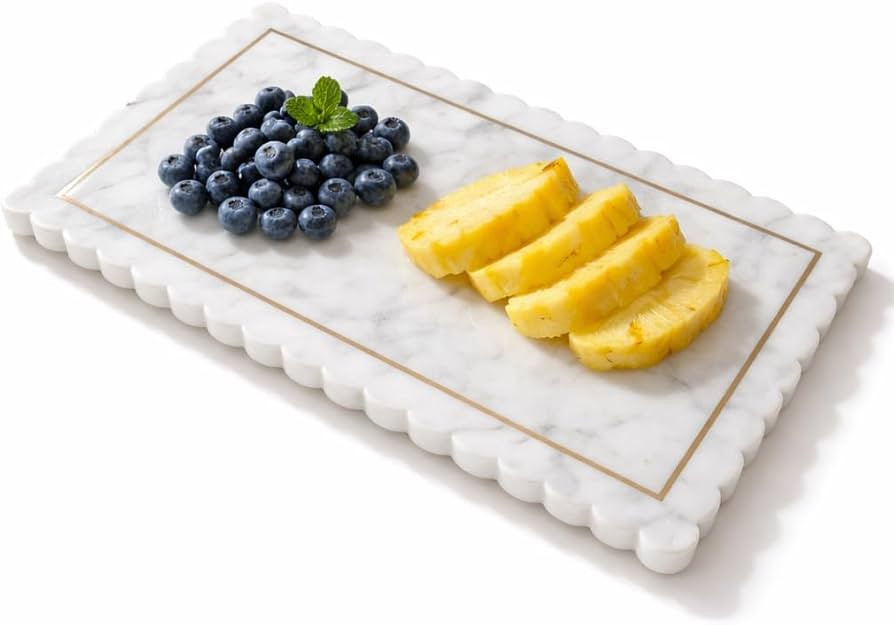 14×8 Inch Scalloped White Marble Serving Platter, Chopping Board Cum Serving Tray with Brass Inl... | Amazon (US)