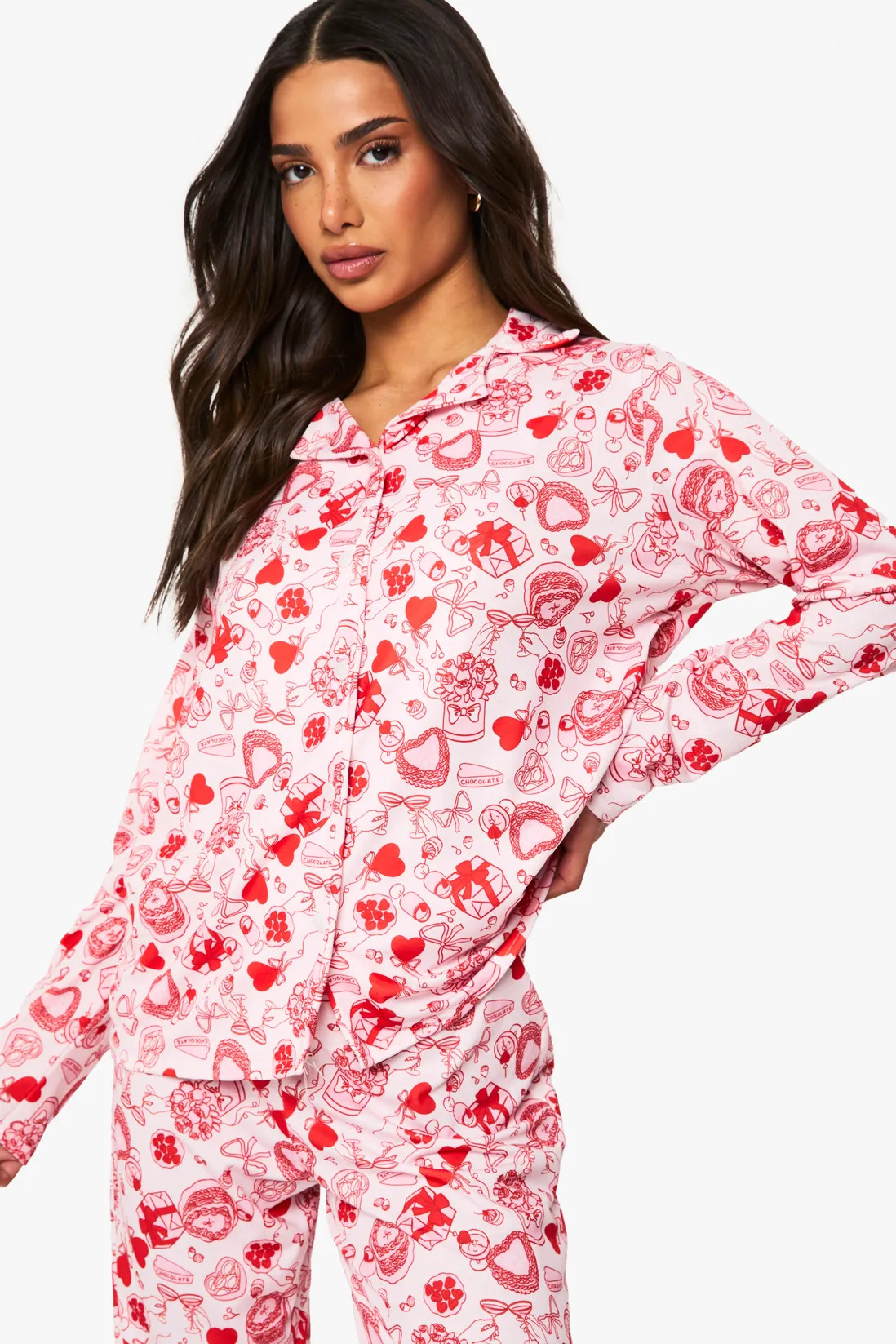 Petite Mixed Bow & Heart Print Long Sleeve Shirt & Trousers Pyjama Set | Boohoo.com (UK & IE)