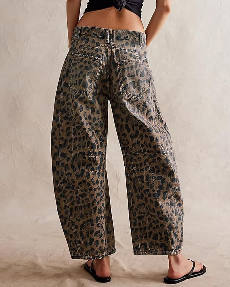  Women's Baggy Barrel Jeans Casual Boyfriend Mid Rise Leopard Printed Wide Leg Denim Ankle Pants | Amazon (US)