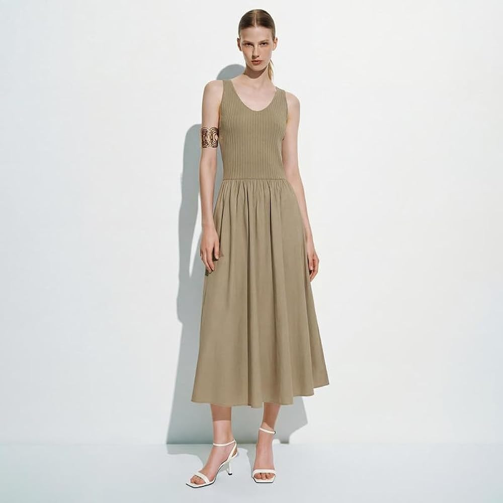 URBAN REVIVO Women's Blue Sleeveless Ribbed Knit Flared Maxi Dress U-Neck Waist-Cinched Casual | Amazon (US)