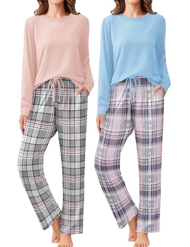 Ekouaer 2 Pack Women Pajama Long Sleeve Sleepwear Soft Loungewear Pjs Sets with Pockets S-XXL | Amazon (US)