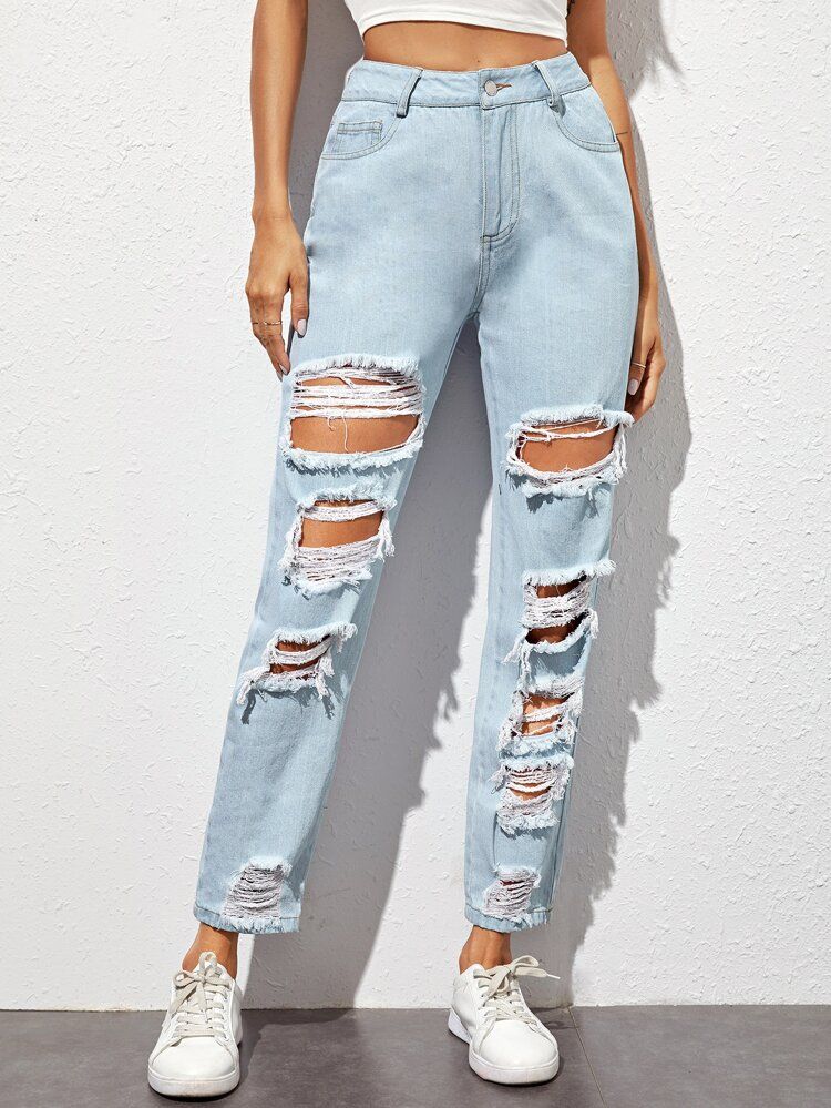 High Waisted Ladder Distressed Jeans | SHEIN