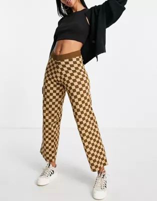 Daisy Street relaxed wide leg trousers in brown checkerboard knit co-ord | ASOS | ASOS (Global)