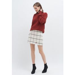 White Grid Wool-Blend Mini Bud Skirt | Chicwish