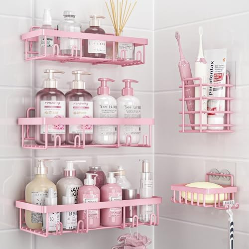 Liuoud 5 Pack Shower Caddy Organizer Rack Shelf for Inside Shower, Adhesive Bathroom Wall Storage Basket Rustproof Stainless Steel Shampoo Holder, Girly Bathroom Accessory Decor Set, Pink | Amazon (US)