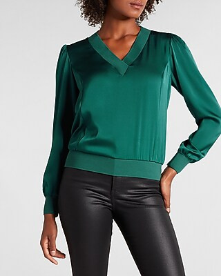 Satin V-Neck Long Sleeve Top | Express