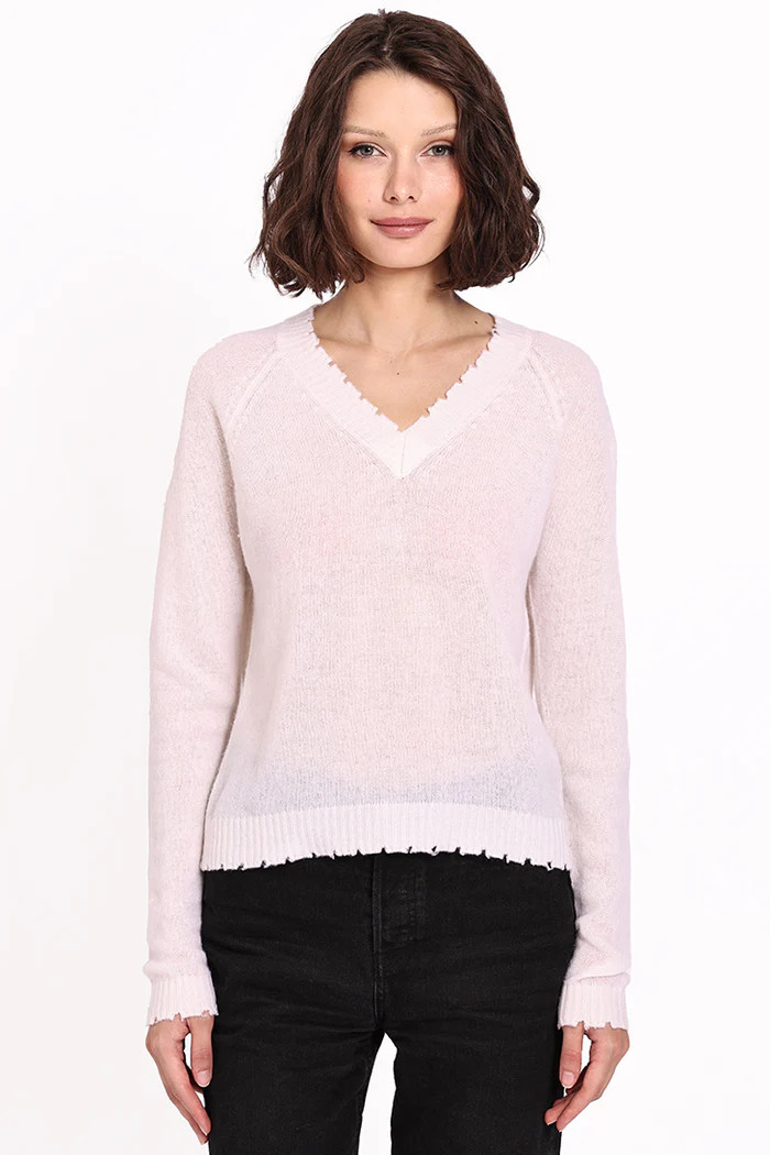 Cashmere Frayed Edge Cropped V-Neck | Minnie Rose