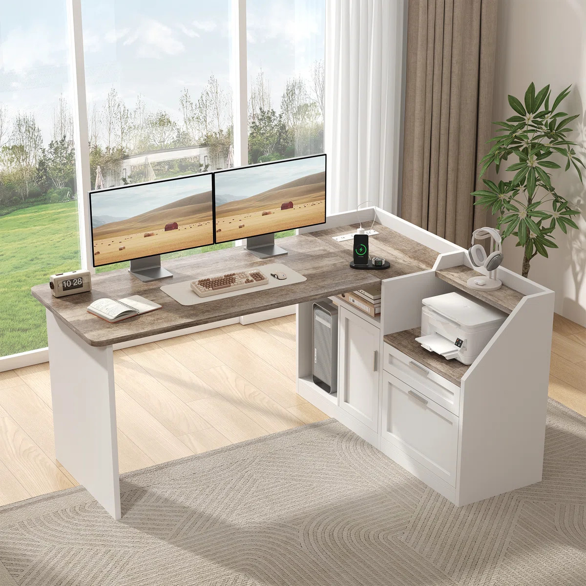 Farmhouse L Shaped Desk With Drawers, Home Office Corner Computer Desk With File Storage And Char... | Wayfair North America