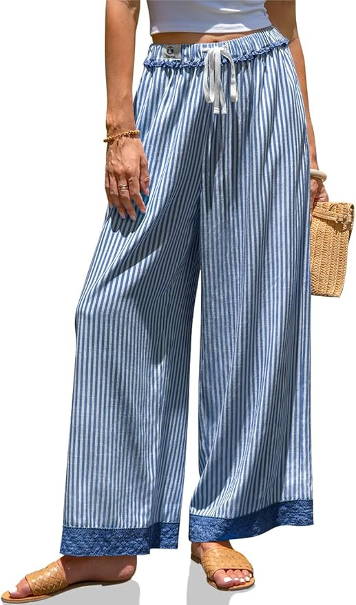 TARSE Womens Striped Lounge Pants Wide Leg Loose Fit Drawstring Casual Boho Summer Vacation Beach... | Amazon (US)