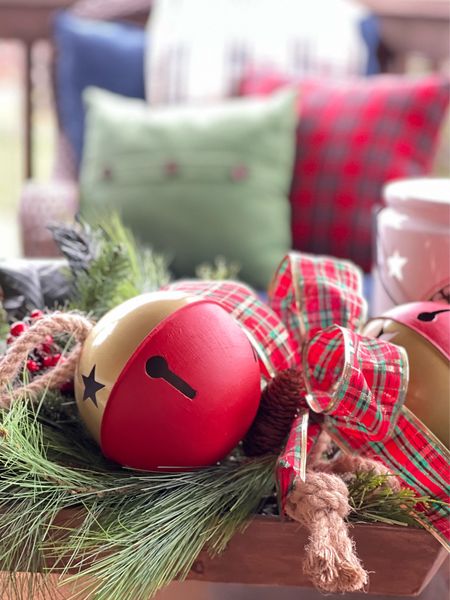 Create a festive Christmas porch with a dough bowl full of greenery and large jingle bells. Don’t forget the classic red Tartan plaid for a cozy classic Christmas look!

#LTKHoliday #LTKSeasonal #LTKhome