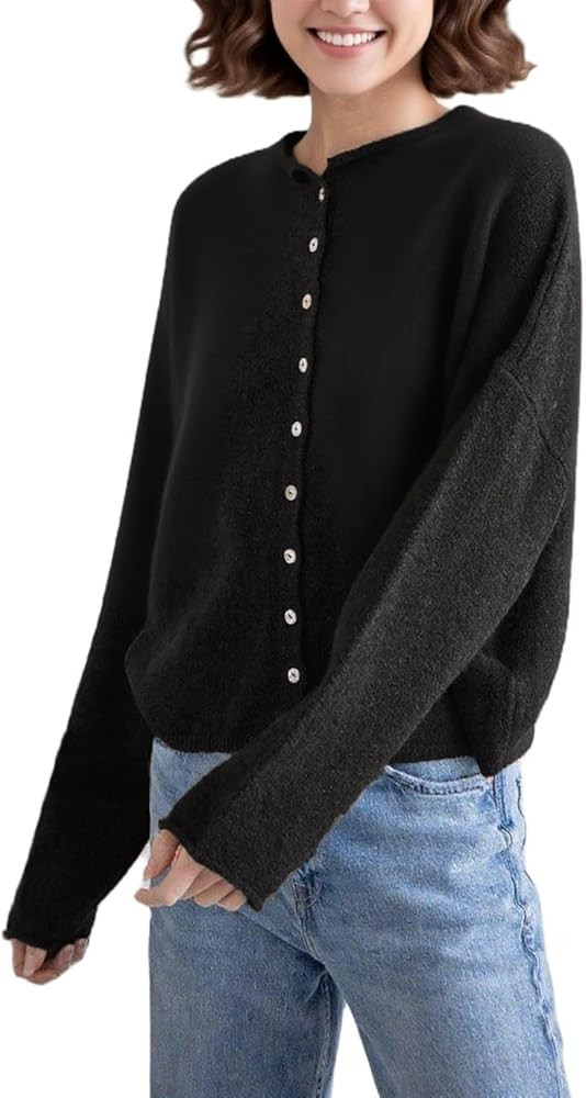 Women Lightweight Cardigan Sweater Button Down Long Sleeve Crewneck Crop Knit Cardigans Casual Ba... | Amazon (US)