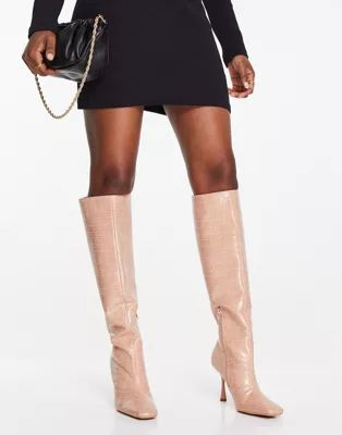 Truffle Collection pull on glam knee boots in nude croc | ASOS (Global)