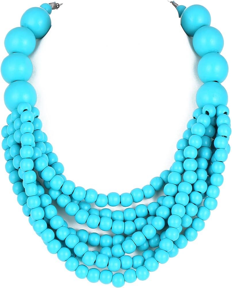 Kiszu 7 Layered Wood Beads Strand Statement Choker Necklace for Women, Africa Large and Small Rou... | Amazon (US)
