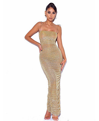 Women The Glint Gold Ruched Chiffon Long Maxi Dress | Macy's