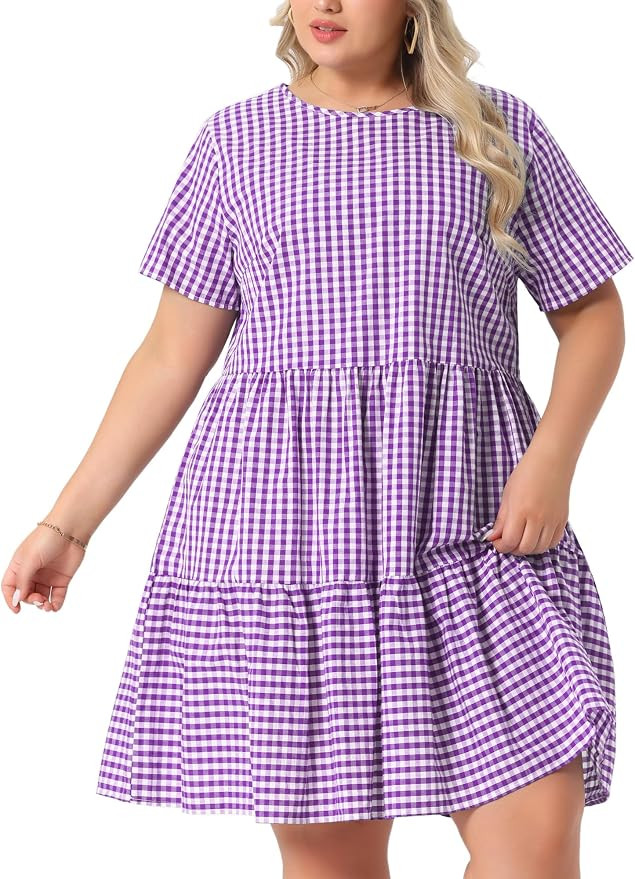 Agnes Orinda Plus Size Gingham Dresses 1950s Vintage Plaid Round Neck Short Sleeve Tiered Midi Su... | Amazon (US)