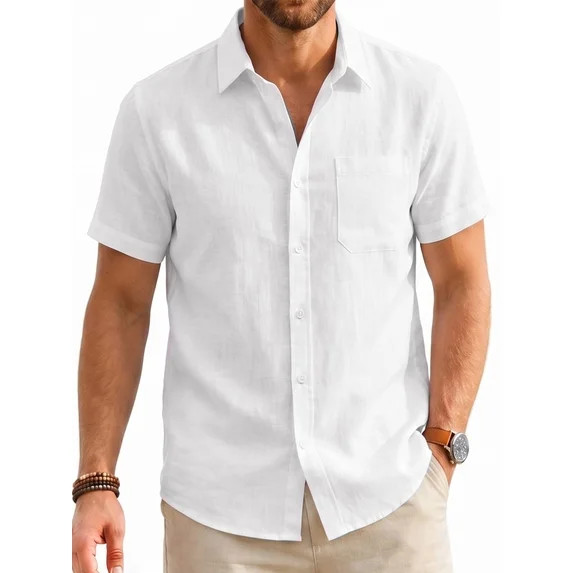 Mens Casual Short Sleeve Cotton Linen Shirts Buttons Down White Summer Beach Vacation Shirts M | Walmart (US)