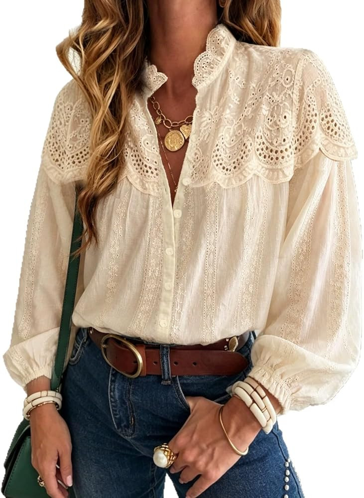 Women\u2019s Lace Trimmed Top Eyelet Flowy Button Down Shirts Vintage Hollow Out Embroidery Babyd... | Amazon (US)