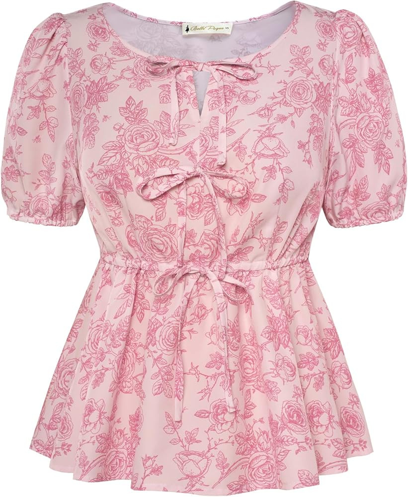 Belle Poque Tie Front Floral Peplum Tops for Women Short Sleeve Blouses Dressy Casul Summer Sprin... | Amazon (US)