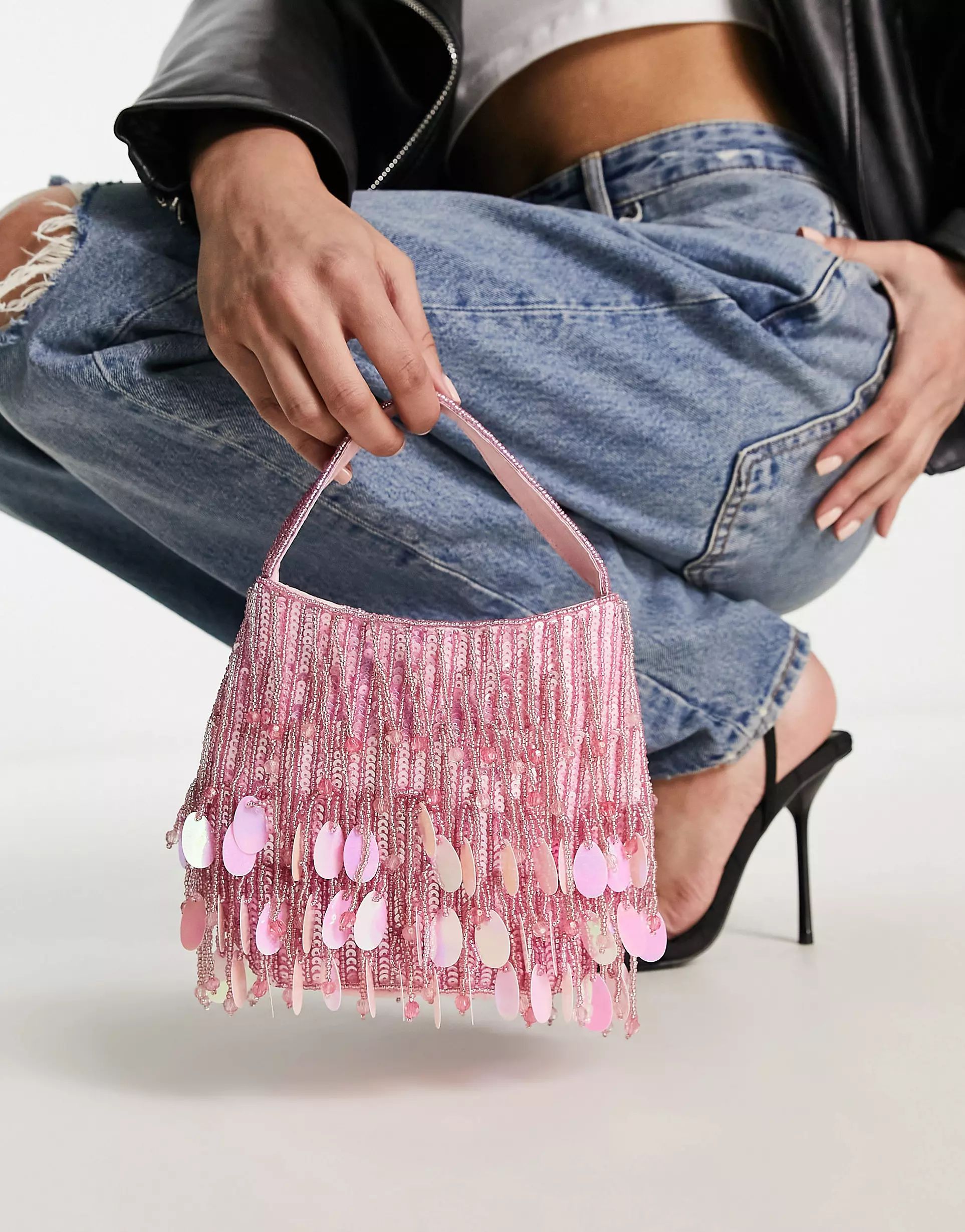 ASOS DESIGN beaded disc grab bag in pink | ASOS (Global)