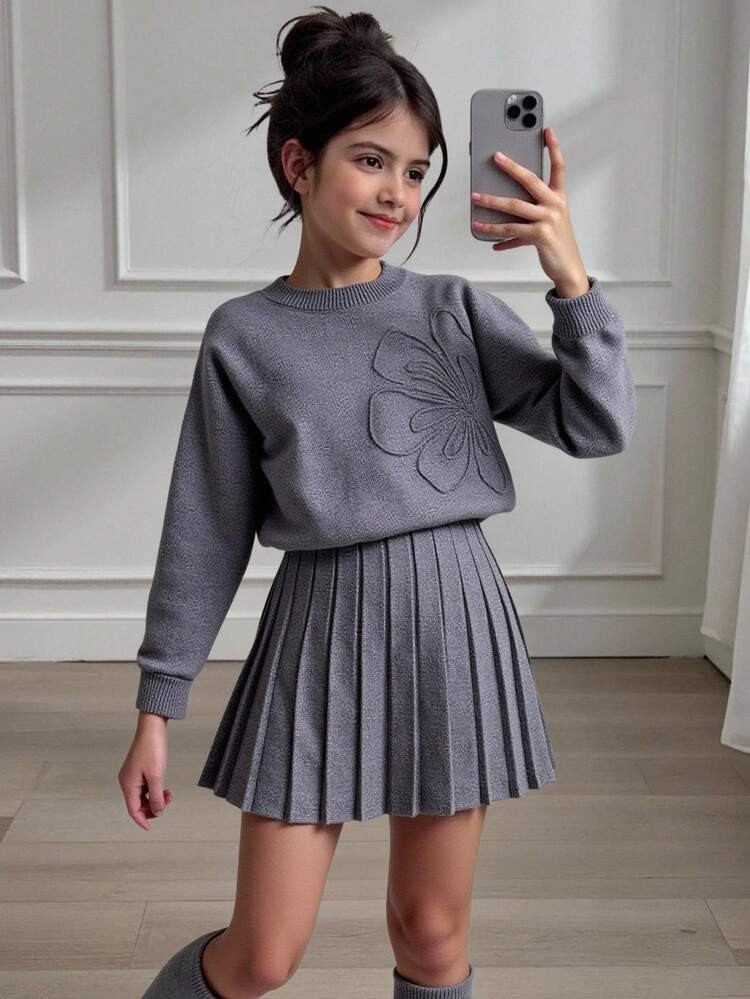 Tween Girls Embroidered Crew Neck Sweater & Pleated Skirt Set, Grey, Soft & Comfortable For Daily, Outdoor, Travel, Vacation, Home, DTween Girlre, And Kids Play Wear Girls Knitted Dress Girls Sweater Dress Fall Dress For Girl Grey Dress For Girls Girls Autumn Winter Dress | SHEIN