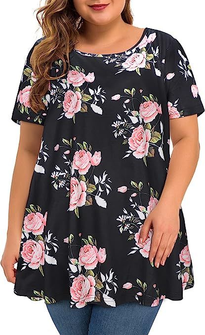 Plus Size Tops for Women Tunic Floral Casual Short Sleeves T Shirts Flowy Blouses | Amazon (US)