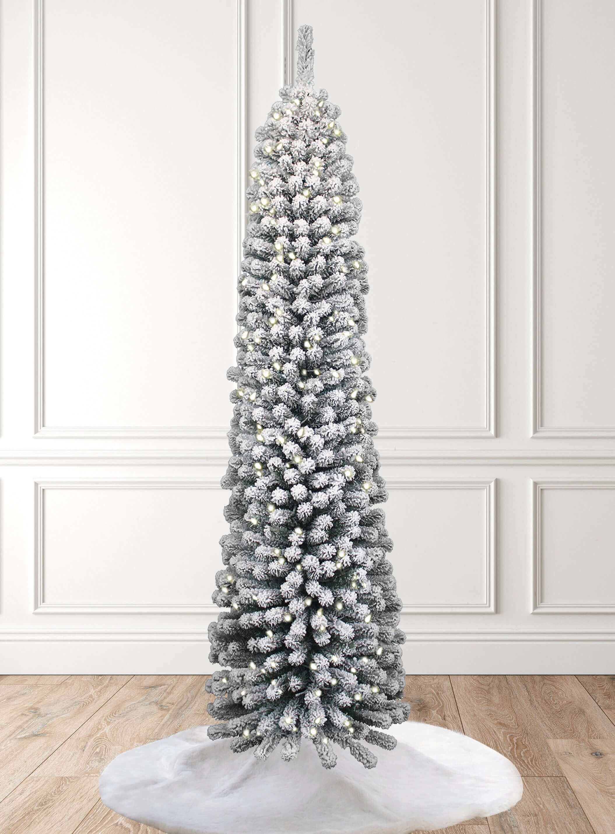 7' Prince Flock Pencil Artificial Christmas Tree with 400 Warm White LED Lights | King of Christmas