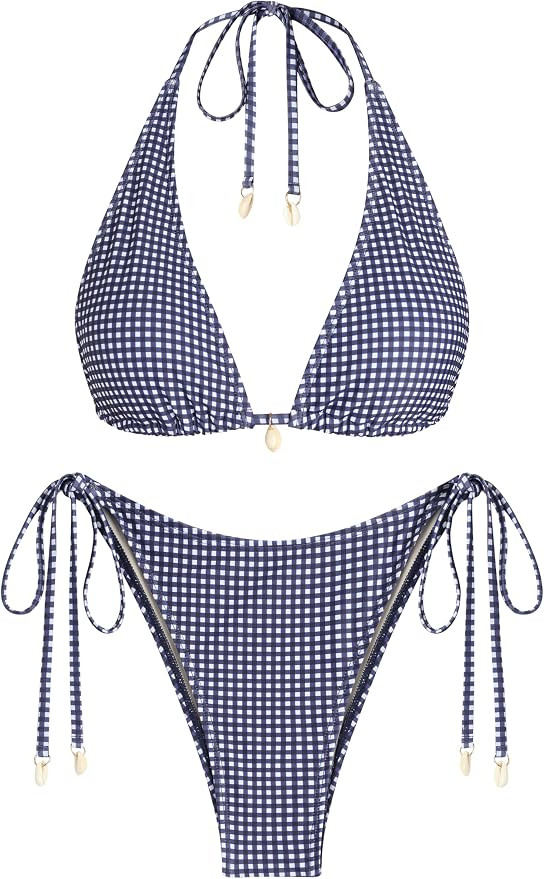 ZAFUL Women's Triangle Bikini Multiway Fishnet Tie Side Bandeau Halter String Bikini Set Two Piec... | Amazon (US)