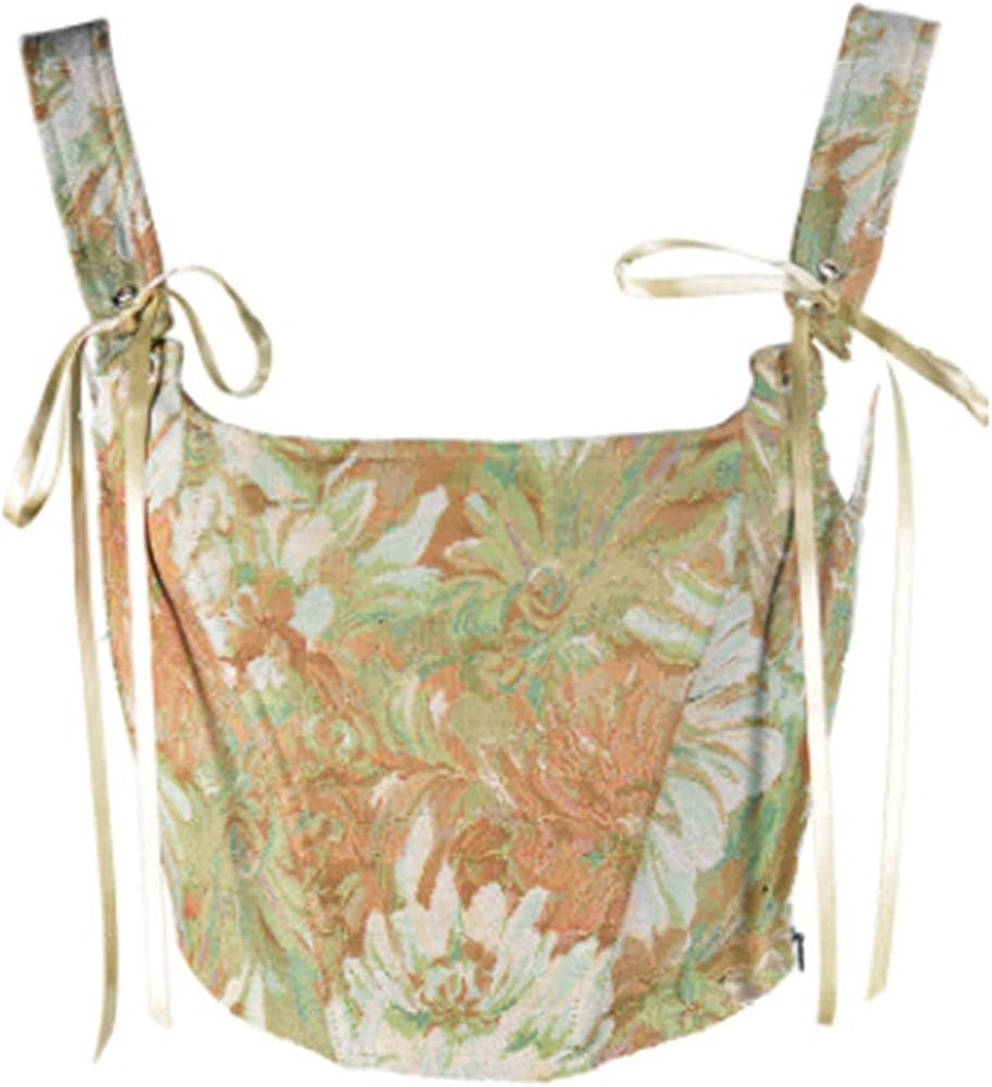 Womens Sexy Bustier Corset Top Y2K Eyelet Lace-up Floral Print Push Up Crop Tops Vintage Tank Par... | Amazon (US)