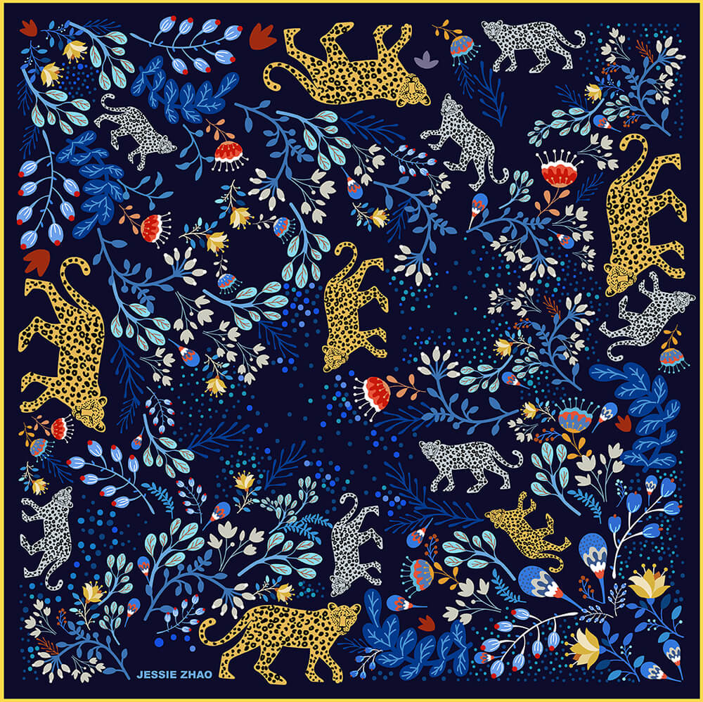 Double Sided Silk Scarf Of Amazon Rainforest Journey in Blue | Jessie Zhao New York