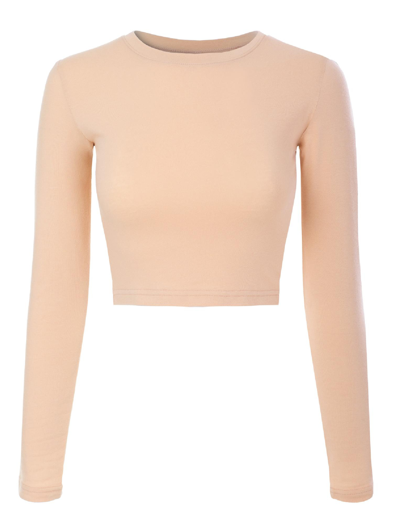 Made by Olivia Women's Solid Long Sleeve Round Neck Crop T Shirt Top | Walmart (US)