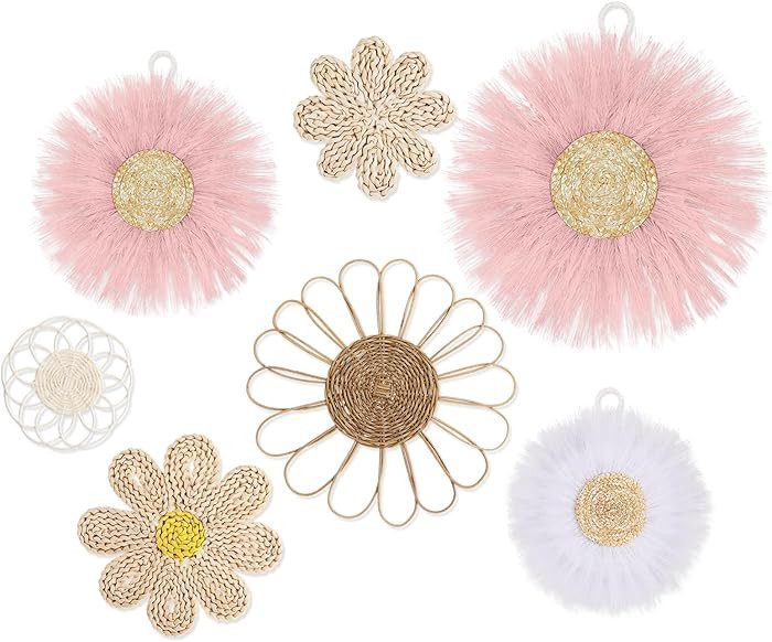 Chunful 7 Pcs Boho Wall Basket Decor Rattan Flower Wall Decor Nursery Daisy Flower Woven Macrame ... | Amazon (US)