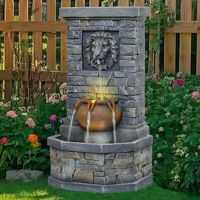 32'' Outdoor Water Fountain, Lion Head Floor-Standing Stone Waterfall Fountain with LED Lights, G... | Amazon (US)
