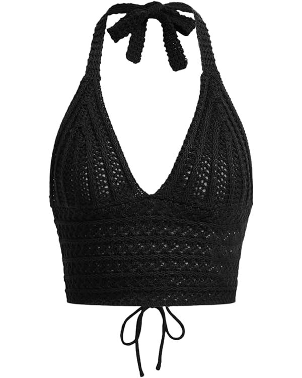 SOLY HUX Womens Crochet Halter Crop Tops Summer Sexy Knitted V Neck Sleeveless Camisole Y2K Top | Amazon (US)