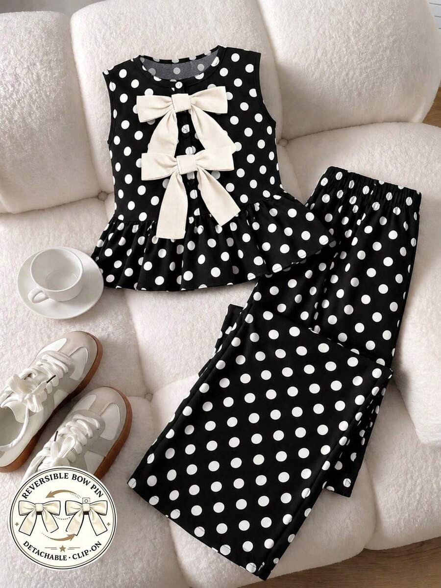 Souflis Souflis Young Girls Tank Top & Long Pants Polka Dot Set Combines Vintage Elements With Pl... | SHEIN
