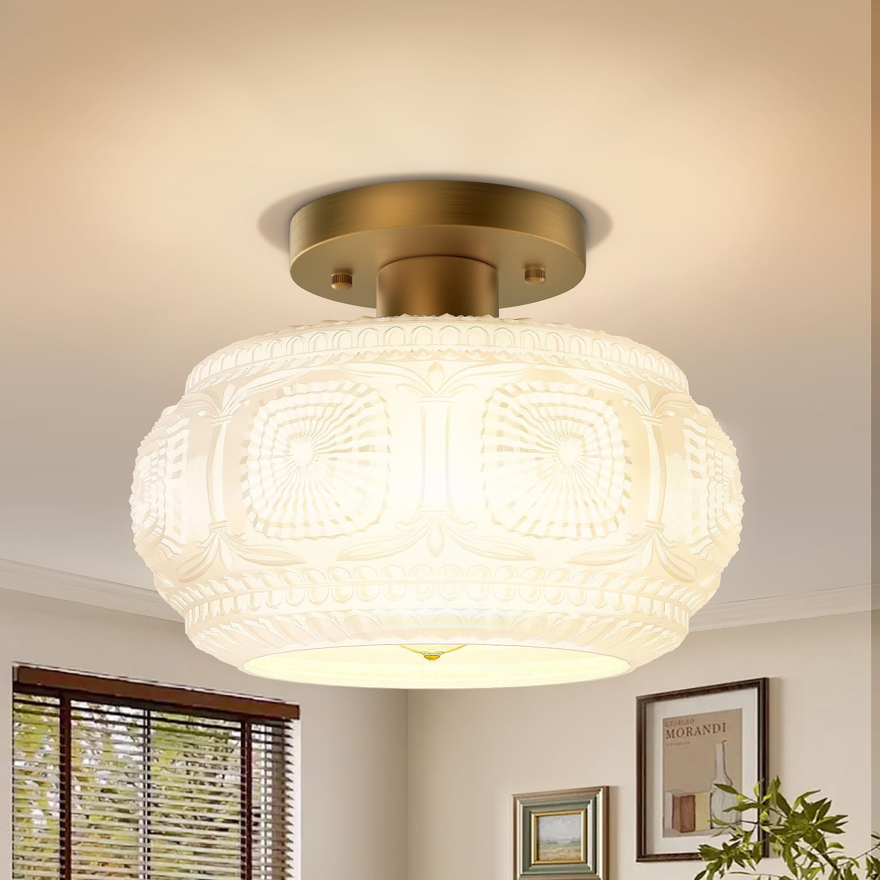 Semi Flush Mount Ceiling Light, Milk Glass Shade Modern Ceiling Light Fixture, Vintage Gold Lighting for Hallway Bedroom Entryway Kitchen Porch | Amazon (US)