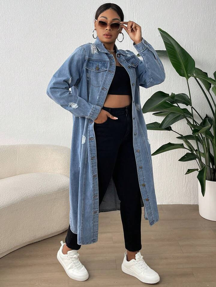 SHEIN Plus 1pc Flap Pocket Ripped Denim Coat | SHEIN