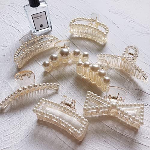 Sisiaipu 8 Pcs Large Pearl Claw Clips Pearl Clips Hair Claw Clips for Thick Hair White Hair Clips fo | Amazon (US)