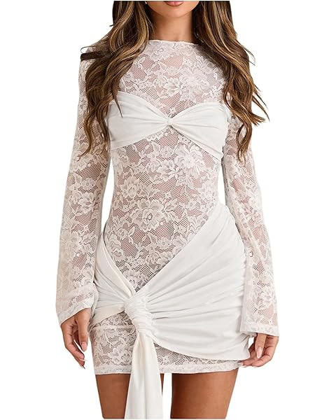 Floerns Women's Lace Sheer Bodycon Mini Dress Long Sleeve Tie Knot Party Dresses | Amazon (US)