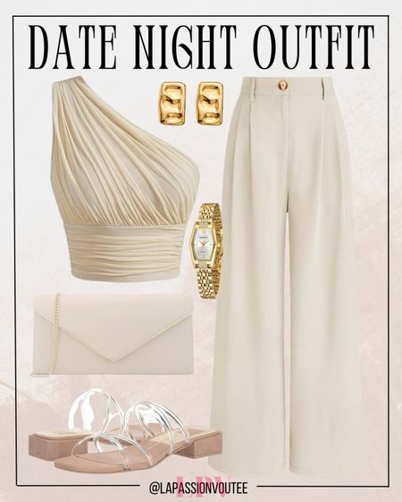 Elevate your date night style with effortless sophistication. Pair a chic one-shoulder crop top with tailored wide-leg pants for a modern twist. Add flair with statement earrings and a sleek watch. Complete the look with a sophisticated envelope clutch and elegant strappy sandals. Ready for a night of enchantment.

#LTKfindsunder100 #LTKstyletip #LTKSeasonal
